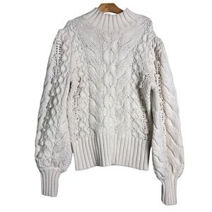 Banana Republic Cream Cable Knit Mock Neck Balloon Sleeve Sweater Sz S fisherman